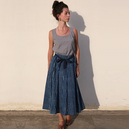 Midi Skirt in Indigo Stripes Print